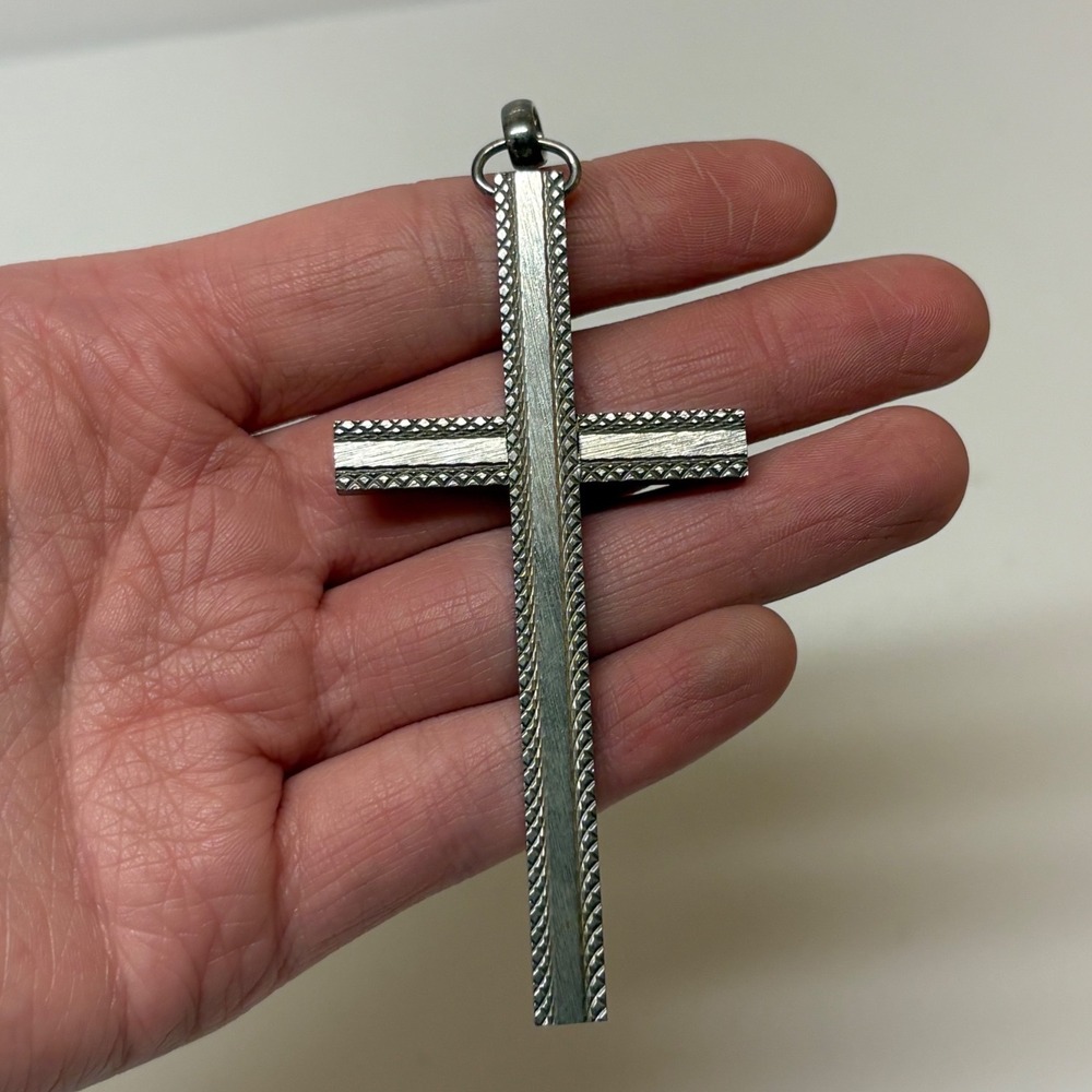 Vintage Silver Tone Textured Cross Pendant Large Religious Crucifix Charm